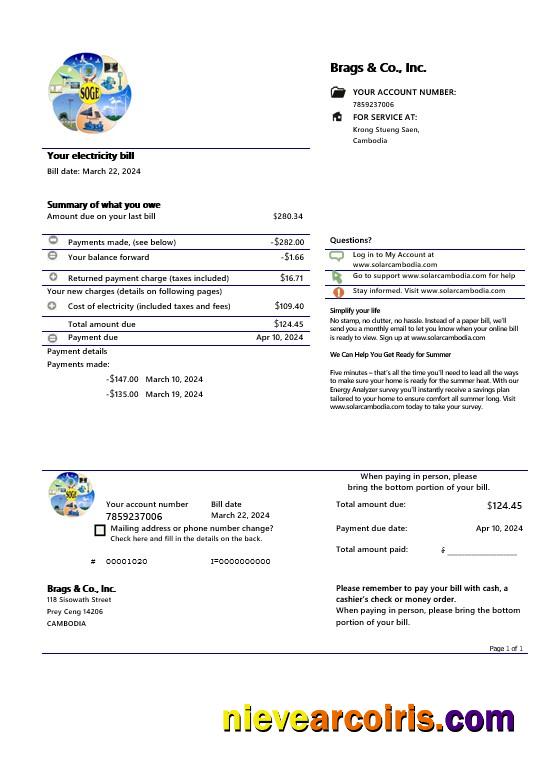 Cambodia Solar Green Energy Cambodia Co business utility bill